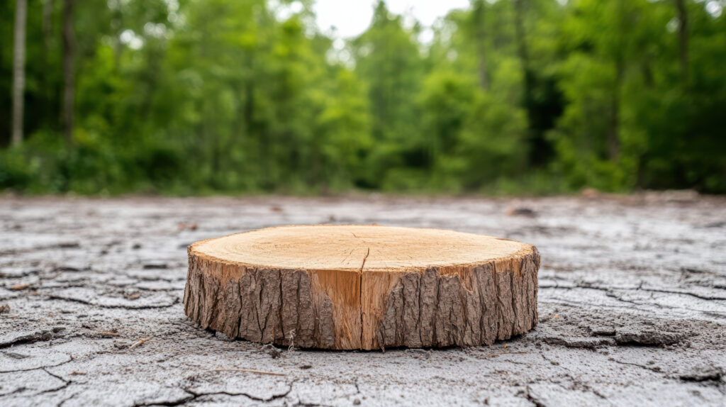 Close up of tree stump on dry cracked ground in deforested area, showcasing nature impact